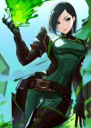 Rule 34 | 1girl, absurdres, animification, armor, black hair, bob cut, bodysuit, boots, breasts, curvy, green bodysuit, green eyes, green hair, hair behind ear, highres, kagematsuri, looking at viewer, medium breasts, parted bangs, parted lips, short hair, shoulder armor, skin tight, skindentation, smoke, solo, valorant, viper (valorant), wide hips