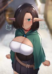 Rule 34 | angry, aqua eyes, arms at sides, asymmetrical hair, ataririri, blurry, blurry background, breasts, brown hair, cape, choker, cleavage, clenched hands, closed mouth, cowboy shot, dark-skinned female, dark elf, dark skin, elf, green cape, hair over one eye, highres, large breasts, light blush, looking at viewer, original, outdoors, pointy ears, pout, red choker, short hair, standing, v-shaped eyebrows