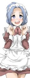 Rule 34 | 1girl, apron, blue eyes, blue hair, blush, bow, bowtie, clenched hands, cowboy shot, dress, elf (stroll in the woods), forehead, frilled apron, frills, hands up, highres, legs together, long sleeves, looking at viewer, maid, maid headdress, nose blush, open mouth, original, parted bangs, red bow, red bowtie, red dress, short dress, short hair, sidelocks, simple background, sleeve cuffs, smile, solo, straight-on, teeth, textless version, thighs, upper teeth only, white apron, white background