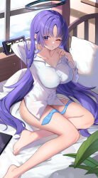 Rule 34 | 1girl, absurdres, barefoot, bed, bed sheet, blue archive, blush, breasts, clock, collarbone, digital clock, halo, highres, homura (homur4 homu), indoors, large breasts, long hair, long sleeves, looking at viewer, mechanical halo, one eye closed, pajamas, parted lips, pillow, purple eyes, purple hair, seven-segment display, solo, toes, white pajamas, window, yuuka (blue archive)