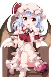Rule 34 | 1girl, :d, bat wings, blue hair, blush, bobby socks, brooch, chair, ascot, elbow rest, hat, hat ribbon, head rest, jewelry, crossed legs, looking at viewer, mary janes, mob cap, open mouth, red eyes, remilia scarlet, ribbon, ruu (tksymkw), shoes, short hair, simple background, sitting, skirt, skirt set, smile, socks, solo, touhou, white background, wings, wrist cuffs