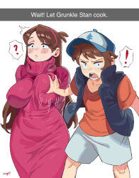 ! 1boy 1girl :&lt; baseball_cap blue_shorts blue_vest breasts brown_eyes brown_hair celyn404 closed_mouth dipper_pines english_text grabbing_another&#039;s_breast gravity_falls groping hat headband hetero highres incest large_breasts long_hair long_sleeves looking_at_viewer mabel_pines open_mouth orange_shirt pink_sweater shirt short_hair short_sleeves shorts siblings simple_background spoken_exclamation_mark sweater twins vest white_background