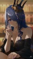 Rule 34 | 1girl, absurdres, bare shoulders, black dress, blue eyes, blue hair, breasts, cleavage, collarbone, commentary request, crown, detached sleeves, dress, fang, hair over one eye, hand up, highres, indie virtual youtuber, indoors, kkix25, large breasts, long hair, long sleeves, looking at viewer, maou chirorunia, purple nails, sitting, smile, solo, strapless, strapless dress, virtual youtuber
