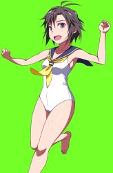 Rule 34 | 1girl, antenna hair, barefoot, black hair, breasts, green background, idolmaster, idolmaster (classic), kikuchi makoto, one-piece swimsuit, open mouth, puge, purple eyes, running, sailor collar, short hair, simple background, small breasts, smile, solo, swimsuit, toes, white one-piece swimsuit