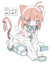Rule 34 | 1girl, ahoge, animal ears, aqua ribbon, aqua thighhighs, bare shoulders, blunt bangs, blush, bowl, boxcutter, cat ears, cat girl, cat tail, cum, cum on hair, cursor, cuts, daizu (melon-lemon), detached ahoge, detached wings, full body, grey eyes, hair bobbles, hair ornament, highres, holding, holding with tail, injury, jaggy lines, leaning forward, long sleeves, looking at viewer, maid headdress, medium hair, mini wings, name tag, neck ribbon, object on head, off shoulder, one-piece swimsuit, one side up, open clothes, open shirt, orange hair, original, panties, panties on head, parted lips, pet bowl, prehensile tail, remote control vibrator, ribbon, seiza, self-harm, sex toy, shirt, shoes, simple background, single tear, sitting, sleeves past wrists, solo, striped clothes, striped thighhighs, swimsuit, swimsuit under clothes, tail, tail raised, thighhighs, tissue box, underwear, user interface, uwabaki, vibrator, vibrator cord, white background, white footwear, white one-piece swimsuit, white panties, white shirt, wings