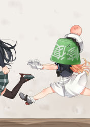 Rule 34 | 2girls, angry, arm warmers, asashio (kancolle), black hair, blonde hair, bucket, bucket on head, chasing, comiching, commentary request, dress, gloves, head bump, highres, jervis (kancolle), kantai collection, mario &amp; wario, multiple girls, object on head, pleated skirt, skirt, stuck, thighhighs, white dress, white gloves, wooden floor