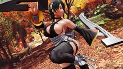 Rule 34 | 1girl, 3d, ass, black hair, black leotard, blue sky, breasts, butterfly swords, curvy, fighting stance, forest, highleg, highleg leotard, highres, holding, holding weapon, iroha (samurai spirits), large breasts, leg lift, leotard, lips, looking to the side, maid, maid headdress, nature, revealing clothes, ryona, samurai spirits, screencap, shiny skin, short hair, sky, smile, snk, solo, standing, standing on one leg, third-party edit, thong leotard, tree, weapon, wide hips
