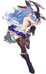 Rule 34 | 1girl, animal ears, bare back, blue hair, blue pubic hair, breasts, brown eyes, brown thighhighs, commentary request, erune, ferry (granblue fantasy), granblue fantasy, highres, holding, holding whip, long hair, looking at viewer, medium breasts, negresco, open mouth, sideboob, simple background, solo, thighhighs, whip, white background