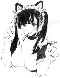 Rule 34 | 1girl, absurdres, alternate costume, animal ears, apron, black eyes, black hair, bow, breasts, cat ears, choker, dress, enmaided, fake animal ears, food, food in mouth, gagaimo, greyscale, hair bow, hand up, highres, large breasts, maid, maid apron, maid headdress, monochrome, original, pocky, traditional media, twintails