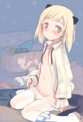 Rule 34 | 1girl, aged down, animal ears, bed, blonde hair, blush, boots, clothes pull, elma leivonen, flat chest, green eyes, knee boots, looking at viewer, no bra, no panties, open clothes, open shirt, pantyhose, pantyhose pull, shimada fumikane, shirt, sitting, sketch, solo, strike witches, strike witches: suomus misfits squadron, stuffed animal, stuffed toy, undressing, untied, wariza, white pantyhose, world witches series