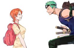 Rule 34 | 1boy, 1girl, armband, backpack, bad id, bad twitter id, bag, blue shirt, brown bag, character profile, clenched teeth, commentary request, earrings, goggles, goggles on head, green hair, green pants, jewelry, joman, katana, korean commentary, looking at another, nami (one piece), one piece, orange hair, pants, pink bag, profile, roronoa zoro, shirt, short hair, simple background, sword, teeth, upper body, weapon, white background