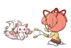 Rule 34 | 1girl, :3, blush, cat teaser, catnip, chibi, from behind, kaname madoka, kuji (nmids), kyubey, mahou shoujo madoka magica, mahou shoujo madoka magica (anime), parody, pink hair, school uniform, short hair, short twintails, simple background, sitting, tail, tail wagging, thighhighs, twintails, wariza