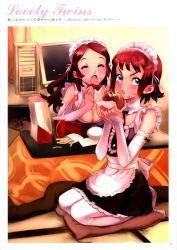 Rule 34 | 2girls, apron, breasts, cleavage, computer, cushion, closed eyes, food, food on face, french fries, frills, green eyes, burger, headdress, highres, indoors, long hair, looking at viewer, medium breasts, multiple girls, nishieda, open mouth, original, pantyhose, pillow, red hair, seiza, short hair, sitting, tatami, white legwear