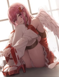 Rule 34 | 1girl, absurdres, angel wings, ass, backlighting, banned artist, blush, breasts, commentary request, crossed legs, detached sleeves, dress, flower, full body, hair between eyes, hair flower, hair ornament, heart, high heels, highres, hinaki (hinaki 0102), indie virtual youtuber, japanese clothes, long hair, looking at viewer, miko, open mouth, own hands together, panties, pink eyes, pink hair, sitting, smile, solo, tadano rei, thighhighs, thighs, underwear, virtual youtuber, white panties, wing hair ornament, wings