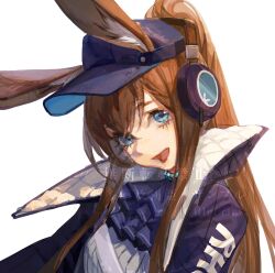 Rule 34 | 1girl, amiya (arknights), animal ear fluff, animal ears, arknights, ascot, black hat, black headphones, blue ascot, blue eyes, blue jacket, blue sleeves, brown hair, chinese commentary, collared jacket, colored eyelashes, commentary request, dlgeria, ears through headwear, hat, high collar, high ponytail, highres, jacket, long hair, long sleeves, looking at viewer, open clothes, open jacket, open mouth, rabbit ears, sample watermark, shirt, sidelocks, simple background, smile, solo, straight hair, striped clothes, striped shirt, two-sided fabric, two-sided headwear, two-sided jacket, upper body, vertical-striped clothes, vertical-striped shirt, very long hair, visor cap, watermark, white background, white jacket, white shirt