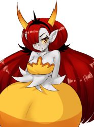 Rule 34 | 1girl, :&lt;, bare shoulders, breasts, cleavage, colored sclera, colored skin, crossed arms, demon girl, dress, fangs, frown, grey skin, hair over one eye, hairband, hekapoo, highres, horns, large breasts, long hair, okamaka, pointy ears, red eyes, red hair, solo, star vs the forces of evil, strapless, strapless dress, twintails, very long hair, yellow dress, yellow sclera