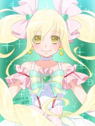 Rule 34 | 0417nao, 10s, 1girl, 2014, blonde hair, blush, bow, choker, cure echo, dated, dress, earrings, hair ornament, hair ribbon, happy, jewelry, long hair, looking at viewer, magical girl, pink bow, precure, precure all stars new stage: mirai no tomodachi, ribbon, sakagami ayumi, signature, smile, solo, twintails, very long hair, waist bow, white choker, yellow eyes