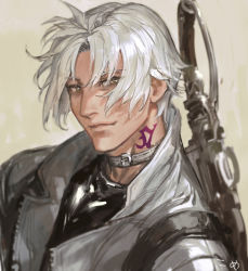 Rule 34 | 1boy, choker, final fantasy, final fantasy xiv, frischenq, grey eyes, gunblade, hyur, jacket, looking at viewer, male focus, neck tattoo, open clothes, open jacket, short hair, simple background, solo, tattoo, thancred, weapon, white hair, wind