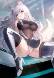 Rule 34 | 1girl, 28yama, animal ear fluff, animal ears, arms behind back, azur lane, black skirt, black thighhighs, blue eyes, blush, breasts, brown leotard, closed mouth, commentary, covered navel, eyelashes, foot out of frame, fox ears, fox girl, fox tail, grey hair, high heels, highres, large breasts, leotard, long hair, looking at viewer, microskirt, multiple tails, official alternate costume, on vehicle, panties, pleated skirt, race queen, shinano (azur lane), shinano (moonlit chrome) (azur lane), sitting, skin tight, skirt, solo, spread legs, tail, thighhighs, thighs, underwear, white footwear, white panties