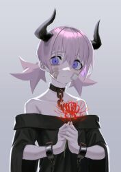 Rule 34 | 1girl, absurdres, bandaid, bandaid on face, bare shoulders, black choker, black horns, chain, choker, closed mouth, flower, gauze, gauze on cheek, grey background, hair between eyes, highres, holding, horns, looking at viewer, original, pink hair, purple eyes, red flower, short twintails, simple background, solo, spider lily, toxic ghost, twintails, upper body