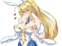 Rule 34 | 1girl, adjusting clothes, ahoge, animal ears, artoria pendragon (all), artoria pendragon (fate), artoria pendragon (swimsuit ruler) (fate), bare shoulders, blonde hair, blue pantyhose, braid, breasts, cleavage, clothing cutout, crown, detached collar, fake animal ears, fate/grand order, fate (series), fishnet pantyhose, fishnets, green eyes, hair between eyes, heart, large breasts, leotard, long hair, navel, navel cutout, necktie, pantyhose, playboy bunny, pononozo, ponytail, rabbit ears, rabbit tail, shawl, sidelocks, simple background, smile, solo, strapless, strapless leotard, tail, upper body, white background, white leotard, wrist cuffs