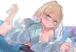 Rule 34 | 1girl, absurdres, armpit crease, black camisole, blonde hair, blue nails, blunt bangs, blush, braid, breasts, camisole, cleavage, clothes, colored inner hair, convenient censoring, couch, full body, ga/ddd, glasses, green eyes, green hoodie, grin, hair intakes, hair ornament, hairclip, heart, heart in eye, highres, hood, hoodie, iris black games, jacket, jewelry, kurumi noah, looking at viewer, loose socks, lying, medium breasts, medium hair, multicolored hair, no bra, no shirt, on couch, on stomach, open clothes, open jacket, purple hair, red-framed eyewear, ring, ringed eyes, short ponytail, sidelocks, simple background, smile, socks, solo, striped clothes, striped jacket, stuffed animal, stuffed toy, symbol in eye, teddy bear, unworn clothes, vertical-striped clothes, vertical-striped jacket, virtual youtuber, vspo!, white background, yellow socks