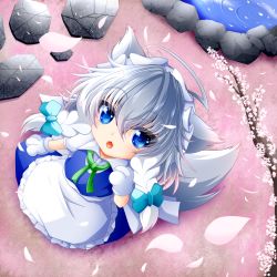 Rule 34 | 1girl, :3, ahoge, animal ears, animal hands, apron, arm up, blue eyes, blue vest, braid, branch, cherry blossoms, chibi, commentary request, dog ears, dog tail, fangs, from above, gloves, green neckwear, green ribbon, hair between eyes, highres, inu sakuya (nejikirio), izayoi sakuya, looking at viewer, looking up, maid, muumuu (sirufuruteienn), open mouth, partial commentary, paw gloves, petals, petals on liquid, pond, puffy short sleeves, puffy sleeves, ribbon, rock, shirt, short hair, short sleeves, silver hair, solo, standing, stepping stones, tail, touhou, twin braids, vest, waist apron, white shirt