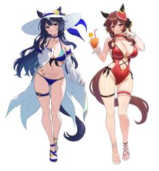 Rule 34 | 2girls, animal ears, bikini, blue bikini, blue hair, breasts, brown hair, cleavage, cup, detached sleeves, ear covers, full body, gentildonna (umamusume), hat, highres, holding, holding cup, horse ears, horse girl, horse tail, juice, looking at viewer, multiple girls, purple eyes, red eyes, simple background, smile, swimsuit, tail, thigh strap, umamusume, unfinished, verxina (umamusume), vococo, white background, white hat