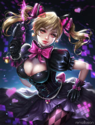 Rule 34 | 1girl, absurdres, animal ears, argyle, argyle clothes, argyle legwear, artist name, bead bracelet, beads, black cat d.va, black dress, black gloves, blonde hair, bow, bowtie, bracelet, breasts, brown eyes, cat ears, cleavage, corset, cowboy shot, d.va (overwatch), dress, earrings, eyelashes, eyeliner, finger on trigger, gloves, gun, hand on own hip, handgun, heart, heart earrings, highres, holding, holding gun, holding weapon, jewelry, large breasts, light smile, lips, lipstick, lolita fashion, looking at viewer, makeup, mascara, nose, official alternate costume, overwatch, overwatch 1, pink bow, pink lips, pistol, puffy short sleeves, puffy sleeves, purple background, rena illusion, short sleeves, solo, twintails, weapon