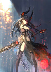 Rule 34 | 1girl, absurdres, black dress, black hair, black thighhighs, breasts, closed mouth, cowboy shot, dress, grey dress, hddkwar, highres, holding, holding sword, holding weapon, horns, legs apart, long hair, looking at viewer, midriff, navel, original, red eyes, sleeveless, sleeveless dress, small breasts, solo, sword, thighhighs, weapon