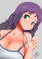 Rule 34 | 1girl, 2016, :3, bare shoulders, blush, breasts, camisole, covered erect nipples, green eyes, highres, huge breasts, long hair, looking to the side, original, purple hair, rogeris, signature, smile, smug, solo, spaghetti strap, strap lift, upper body, wavy hair