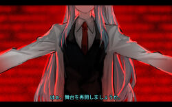 Rule 34 | 1girl, angela (project moon), backlighting, black vest, blue hair, coat, collared shirt, head out of frame, lab coat, library of ruina, long hair, long sleeves, necktie, nishikujic, one side up, outstretched arms, project moon, red background, red necktie, shirt, solo, spoilers, very long hair, vest, white coat, white shirt