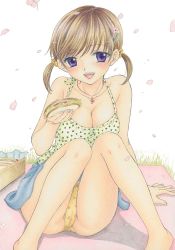 Rule 34 | 1girl, arm support, barefoot, blue skirt, blush, bow, bow panties, breasts, brown hair, cherry blossoms, cleavage, clover print, collarbone, flower, food, grass, green shirt, hair flower, hair ornament, hairclip, heart, heart necklace, holding, large breasts, looking at viewer, mat, necklace, open mouth, ozaki mirai, panties, pantyshot, picnic, picnic basket, polka dot, polka dot panties, print shirt, purple eyes, sandwich, shirt, short hair, sitting, skirt, smile, tank top, teeth, twintails, underwear, yellow panties