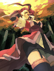 Rule 34 | 1girl, abcrambon, arm up, bad id, bad pixiv id, black leggings, brown gloves, buckle, corset, dress, elbow gloves, evening, forest, garter straps, gloves, hair ornament, izayoi aki, leggings, nature, outdoors, red dress, red hair, short hair, solo, sun, sunlight, thigh strap, thighhighs, tree, twintails, yellow eyes, yu-gi-oh!, yu-gi-oh! 5d&#039;s, zettai ryouiki