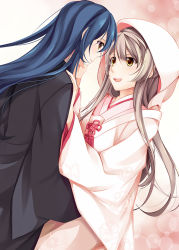 Rule 34 | 2girls, blue hair, bride, commentary request, dress, female focus, grey hair, hand on another&#039;s face, hand on another&#039;s shoulder, hood, inu0831, japanese clothes, kimono, long hair, looking at another, love live!, love live! school idol project, minami kotori, multiple girls, simple background, sonoda umi, uchikake, wedding dress, yellow eyes, yuri