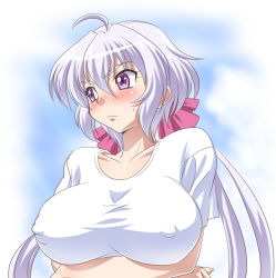 Rule 34 | 10s, 1girl, ahoge, bad id, bad pixiv id, blush, breast lift, breasts, covered erect nipples, crossed arms, frown, hair between eyes, hair ornament, large breasts, long hair, maeda r44, no bra, purple eyes, senki zesshou symphogear, shirt, silver hair, solo, t-shirt, taut clothes, taut shirt, twintails, upper body, yukine chris
