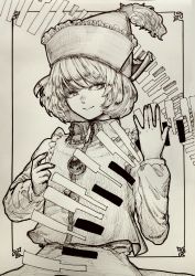 Rule 34 | 1girl, commentary request, floating, floating object, greyscale, hair ornament, hand up, hat, highres, instrument, keyboard (instrument), long sleeves, lyrica prismriver, monochrome, muha kakka, shirt, short hair, solo, star (symbol), star hair ornament, touhou, upper body