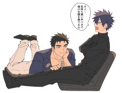 Rule 34 | 2boys, bara, black gloves, black hair, black sweater, blue eyes, blue shirt, bursting pectorals, crossed arms, domo (domo kizusuki), eye contact, feet up, from side, full body, gloves, grey eyes, hair over one eye, hand on another&#039;s leg, kokado shido (domo), kokuryu kai (domo), large pectorals, looking at another, lying, male focus, multiple boys, muscular, muscular male, on stomach, open mouth, original, pants, pectoral cleavage, pectorals, profile, shirt, short hair, sideburns, sitting, speech bubble, spiked hair, sweater, thick eyebrows, tight clothes, tight shirt, translated, turtleneck, turtleneck sweater, v-neck, white pants, yaoi