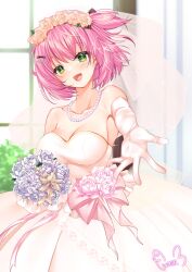 Rule 34 | 1girl, :d, armpits, bare shoulders, bouquet, bow, breasts, bridal veil, bride, character request, cleavage, collarbone, copyright request, cowboy shot, dress, drop.b, elbow gloves, flower, gloves, green eyes, hair flower, hair ornament, head tilt, highres, holding, holding bouquet, indoors, jewelry, looking at viewer, medium breasts, necklace, open mouth, outstretched hand, pearl necklace, pink bow, pink hair, rose, short hair, signature, smile, solo, veil, virtual youtuber, waist bow, wedding dress, white dress, white flower, white gloves, white rose