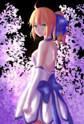 Rule 34 | 1girl, absurdres, ahoge, artoria pendragon (all), artoria pendragon (fate), bare shoulders, blonde hair, blush, breasts, choker, elbow gloves, fate/stay night, fate (series), flower, gloves, green eyes, highres, official alternate costume, official alternate hairstyle, ponytail, ribbon, saber (fate), saber (pure night dress) (fate), shoulder blades, sideboob, small breasts, solo, star (sky), vdoder