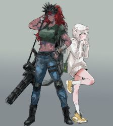 Rule 34 | 2girls, ammunition, blue eyes, dark skin, dark-skinned female, full body, gatling gun, green shirt, grey background, highres, holster, jewelry, long hair, looking at viewer, mask, midriff, multiple girls, necklace, osakana (denpa yun&#039;yun), personification, pui pui molcar, red hair, scar, scar on face, shiromo (pui pui molcar), shirt, short hair, simple background, single tear, sketch, standing, standing on one leg, teddy (pui pui molcar), thigh holster, white hair, white shirt