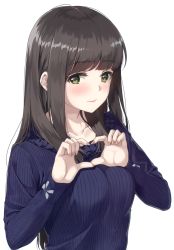 Rule 34 | 1girl, absurdres, black hair, blue sweater, blush, bow, breasts, closed mouth, collarbone, fingernails, green eyes, hands up, heart, heart hands, highres, lips, long hair, long sleeves, looking at viewer, medium breasts, original, ribbed sweater, simple background, solo, sweater, unasaka ryou, upper body, white background