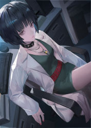 Rule 34 | 1girl, belt, black collar, black hair, blazpu, blunt bangs, breasts, brown eyes, chair, coat, collar, desk, dress, from above, green dress, highres, jewelry, keyboard (computer), lab coat, looking at viewer, mouse (computer), nail polish, necklace, office, office chair, parted lips, persona, persona 5, red belt, red nails, short dress, short hair, sitting, small breasts, solo, swivel chair, takemi tae, thighs, white coat