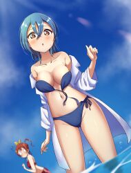 Rule 34 | 2girls, bare shoulders, bikini, blue bikini, blue hair, blush, breasts, brown eyes, buson0120, cloud, earrings, gluteal fold, highres, jewelry, large breasts, looking at another, looking at viewer, love live!, love live! superstar!!, medium hair, multiple girls, notice lines, off shoulder, outdoors, parted lips, partially submerged, red bikini, red hair, sky, solo focus, standing, stud earrings, sweatdrop, swimsuit, thighs, wakana shiki, wardrobe malfunction, water, yoneme mei