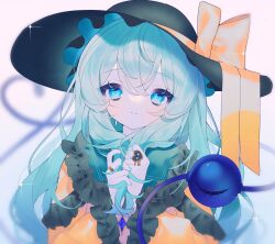 Rule 34 | 1girl, alternate hair length, alternate hairstyle, black hat, blouse, blue eyes, blush, bow, closed mouth, commentary, frilled shirt collar, frilled sleeves, frills, green eyes, hair between eyes, hands in hair, hands up, hat, hat bow, heart, heart-shaped pupils, heart of string, highres, kokonoe826, komeiji koishi, long hair, long sleeves, looking at viewer, own hands together, playing with own hair, shirt, smile, sparkle, symbol-shaped pupils, third eye, touhou, yellow bow, yellow shirt