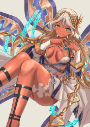 Rule 34 | 1girl, andromeda (fate), andromeda (first ascension) (fate), armlet, bare shoulders, belly chain, blonde hair, braid, breasts, chain, cleavage, closed mouth, collar, crown braid, cuffs, dark-skinned female, dark skin, detached sleeves, dress, fate/grand order, fate (series), gold teeth, green eyes, hair ornament, heart, heart hands, highres, jaws, jewelry, ksfactory, large breasts, long hair, looking at viewer, low twintails, metal collar, multicolored hair, shackles, short dress, sidelocks, smile, solo, thighs, twintails, two-tone hair, white dress, white hair