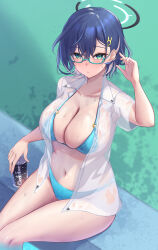 Rule 34 | 1girl, absurdres, aqua bikini, arm up, bikini, blue archive, blue hair, breasts, can, chihiro (blue archive), cleavage, coffee, collarbone, glasses, green eyes, hair ornament, hairclip, halo, highres, holding, holding can, large breasts, looking at viewer, multicolored hair, navel, neko punch (user hddm3373), open clothes, open shirt, poolside, shirt, short hair, sitting, solo, stomach, streaked hair, swimsuit, wading, water, wet, wet clothes, wet shirt, white shirt