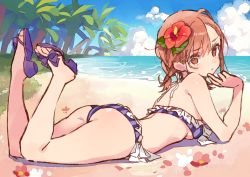 Rule 34 | 1girl, alternate hairstyle, ass, bandeau, bare legs, beach, bikini, breasts, brown eyes, brown hair, day, dsmile, flower, frilled bikini, frills, from side, hair flower, hair ornament, looking at viewer, low twintails, lying, misaka mikoto, on stomach, outdoors, petals, purple bikini, sandals, short twintails, side-tie bikini bottom, sideboob, sketch, small breasts, solo, striped bikini, striped clothes, swimsuit, toaru majutsu no index, twintails, unfinished, vertical-striped bikini, vertical-striped clothes