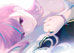 Rule 34 | 1girl, absurdres, blue hair, blue nails, bracelet, breasts, cleavage, closed mouth, collarbone, eyes visible through hair, highres, hololive, jewelry, long hair, looking at viewer, lying, minato aqua, multicolored hair, nail polish, on side, pink eyes, pink hair, ring, shirt, signature, smile, solo, streaked hair, sylvia (huajiuhuajiu), upper body, virtual youtuber