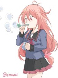 Rule 34 | 1girl, ahoge, air bubble, black sailor collar, black skirt, blue shirt, bubble, blowing bubbles, bubble pipe, cowboy shot, crescent, crescent hair ornament, emuwai, hair ornament, kantai collection, long hair, low-tied long hair, one-hour drawing challenge, pink eyes, pink hair, pleated skirt, rabbit hair ornament, sailor collar, school uniform, serafuku, shirt, simple background, skirt, soap bubbles, solo, uzuki (kancolle), white background